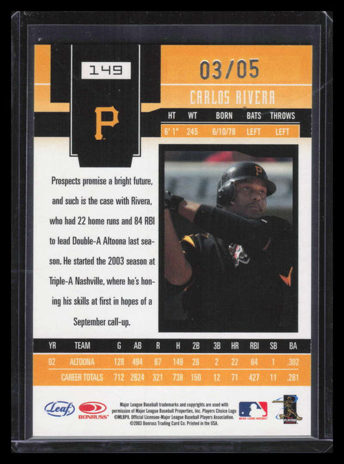 2003 Leaf Certified Materials Mirror Emerald 149 Carlos Rivera 3/5