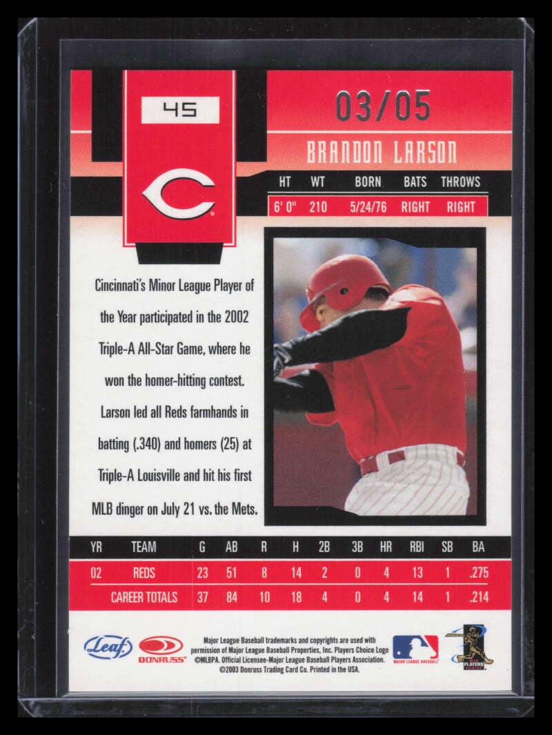 2003 Leaf Certified Materials Mirror Emerald 45 Brandon Larson 3/5
