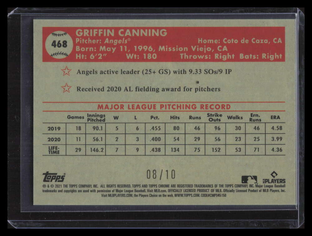 2021 Topps Chrome Platinum Black and Gold 70th Refractor 468 Griffin Canning /10