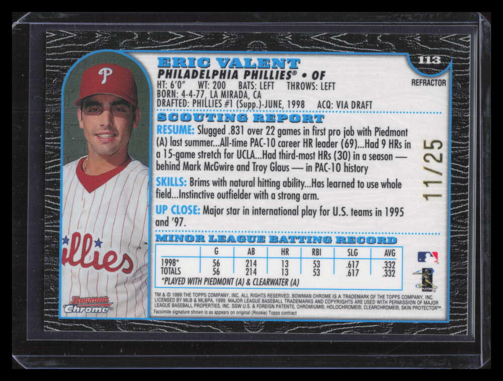 1999 Bowman Chrome Gold Refractor 113 Eric Valent Rookie 11/25