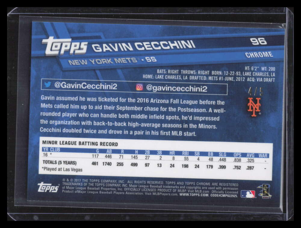 SOLD 162248 2017 Topps Chrome Red Refractor 96 Gavin Cecchini Rookie 4/5