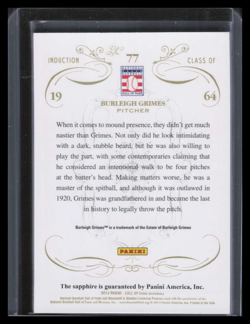 2014 Panini Hall of Fame 75th Anniversary Sapphire 77 Burleigh Grimes Gem 12/15