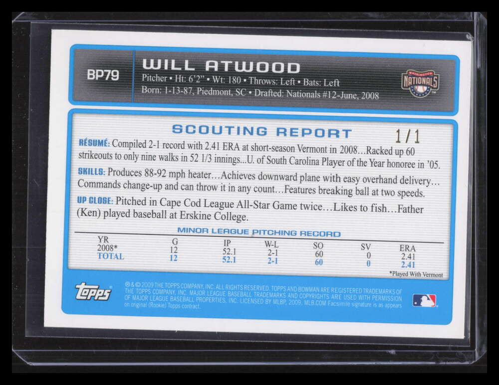 2009 Bowman Prospects Red bp79 Will Atwood Rookie 1/1