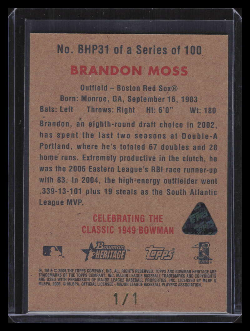 2006 Bowman Heritage Prospects Black 31 Brandon Moss Rookie 1/1