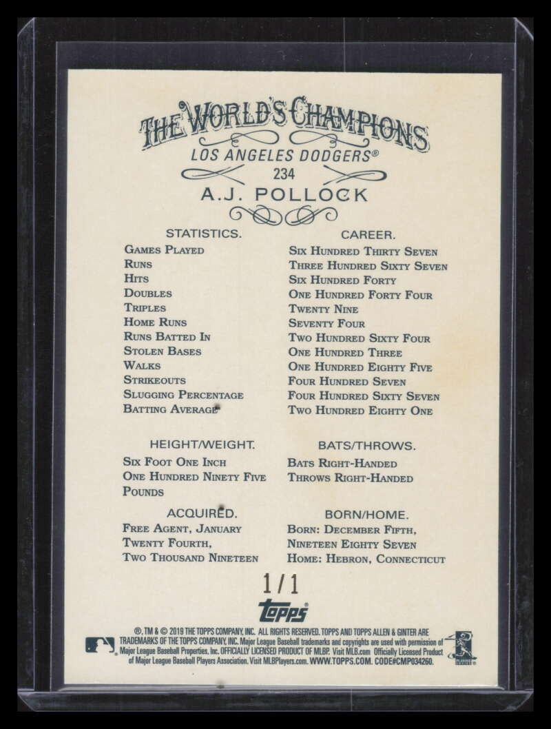 SOLD 162271 2019 Topps Allen and Ginter Glossy 234 A. J. Pollock 1/1
