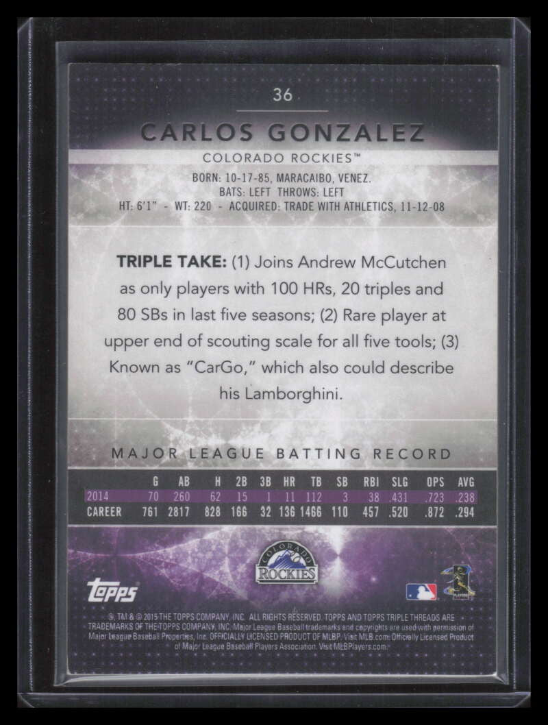SOLD 162278 2015 Topps Triple Threads Sapphire 36 Carlos Gonzalez 6/25