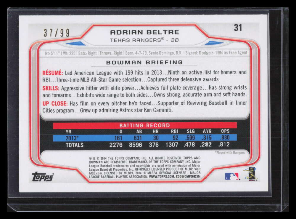 2014 Bowman Yellow 31 Adrian Beltre 37/99