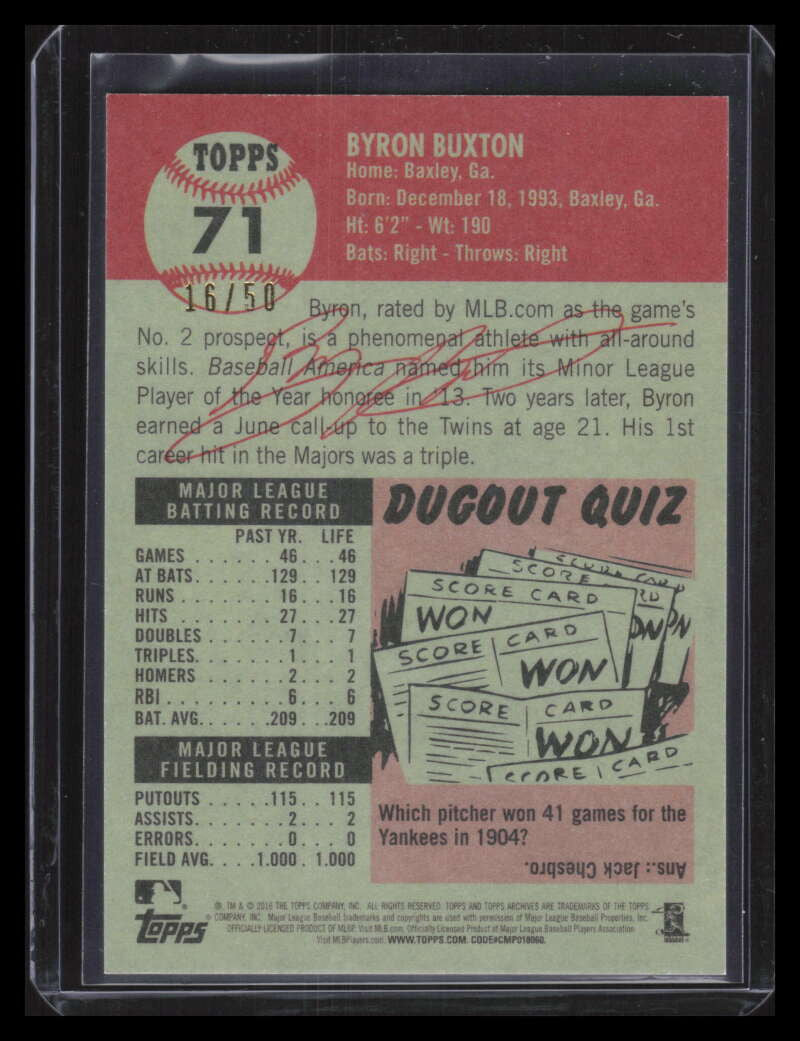 2016 Topps Archives Red 71 Byron Buxton 16/50