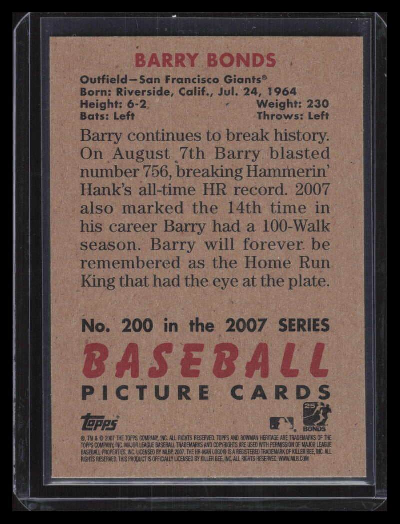2007 Bowman Heritage 200b Barry Bonds No Signature SP