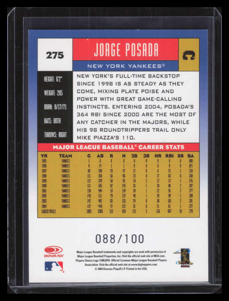 2005 Donruss Press Proofs Blue 275 Jorge Posada 88/100