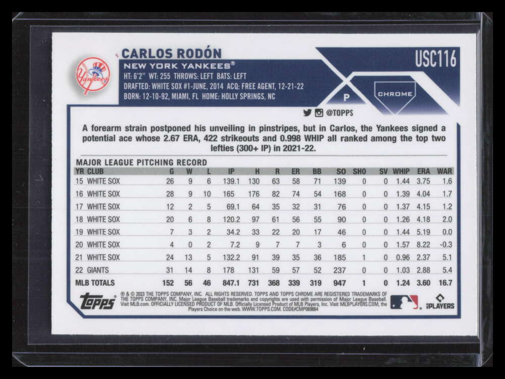 SOLD 162358 2023 Topps Chrome Update Photo Variations usc116 Carlos Rodon SP