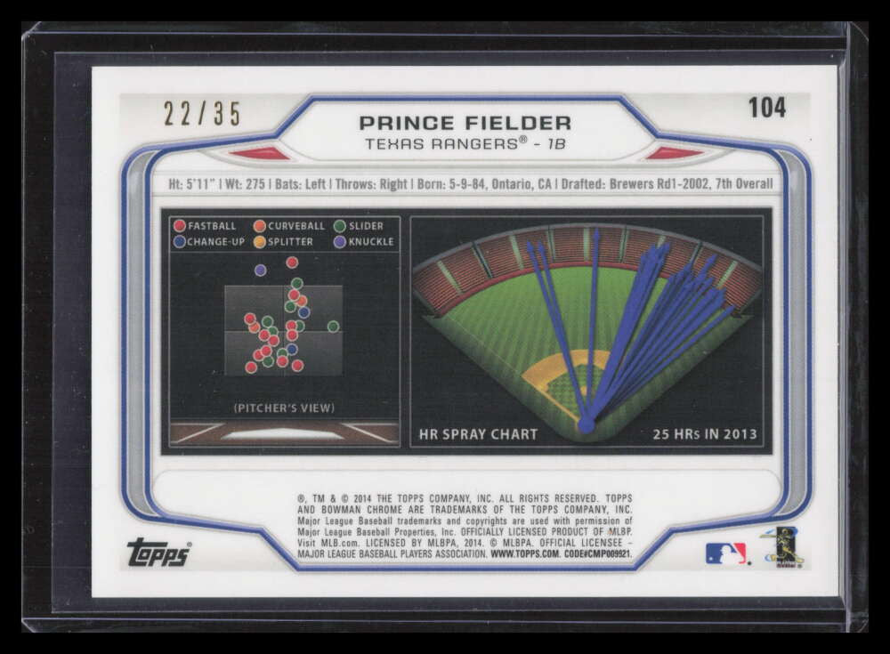 2014 Bowman Chrome Black Static Refractor 104 Prince Fielder 22/35