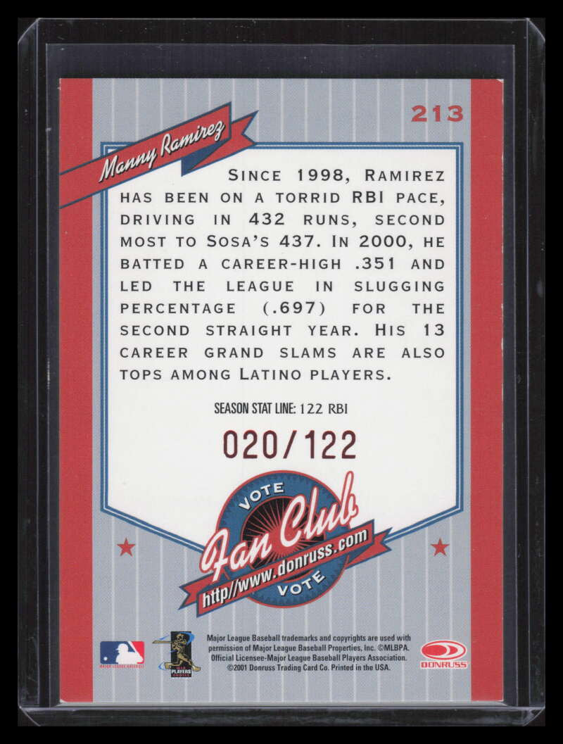 2001 Donruss Stat Line Season 213 Manny Ramirez FC 20/122 Fan Club