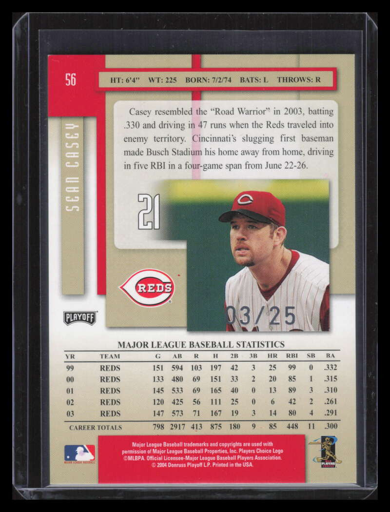 2004 Playoff Prestige Xtra Bases Red 56 Sean Casey 3/25