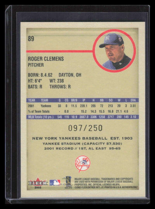 2002 Fleer Authentix Second Row 89 Roger Clemens 97/250