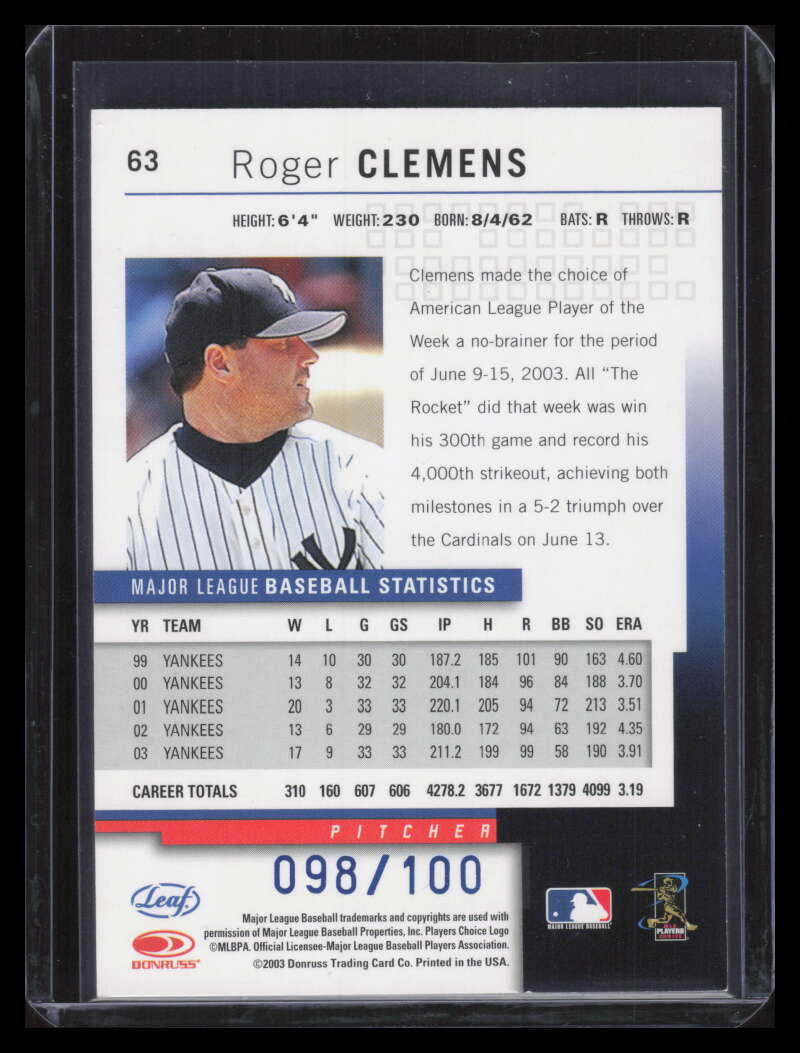 SOLD 162452 2004 Leaf Press Proofs Blue 63 Roger Clemens 98/100