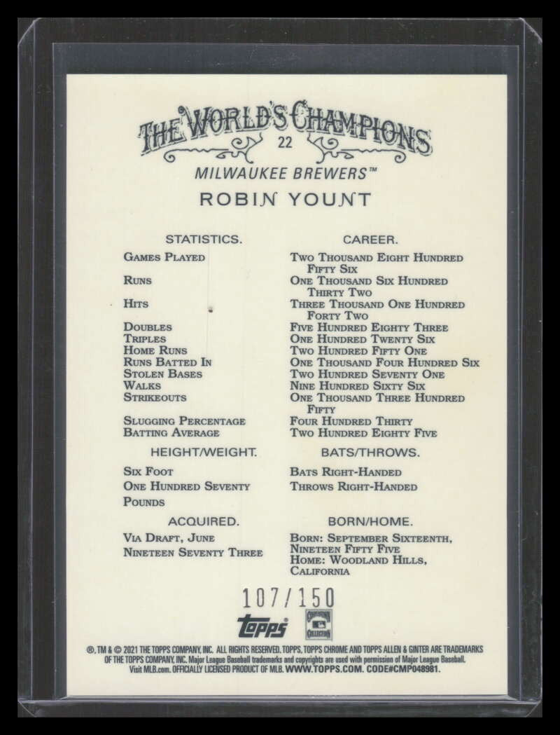 2021 Topps Allen and Ginter Chrome Blue Refractor 22 Robin Yount 107/150