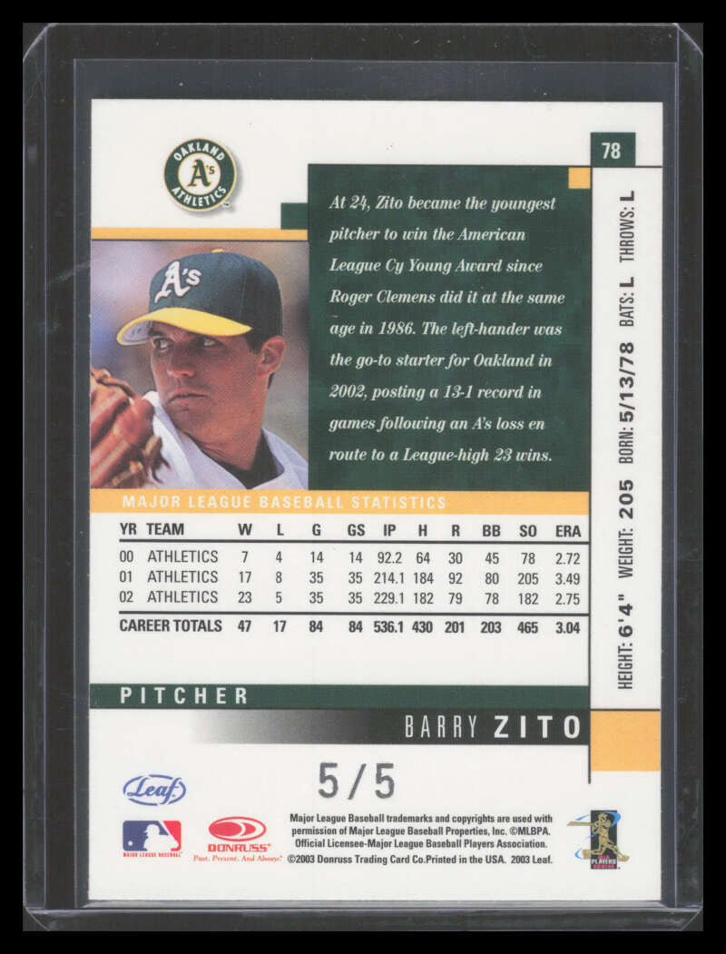 2003 Leaf Atlantic City National 78 Barry Zito 5/5