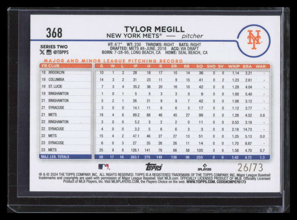 2024 Topps Black 368 Tylor Megill 26/73