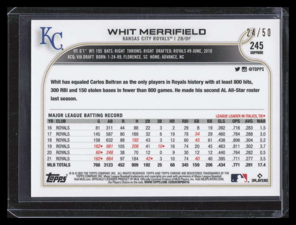 2022 Topps Chrome Sapphire Gold Refractor 245 Whit Merrifield 24/50