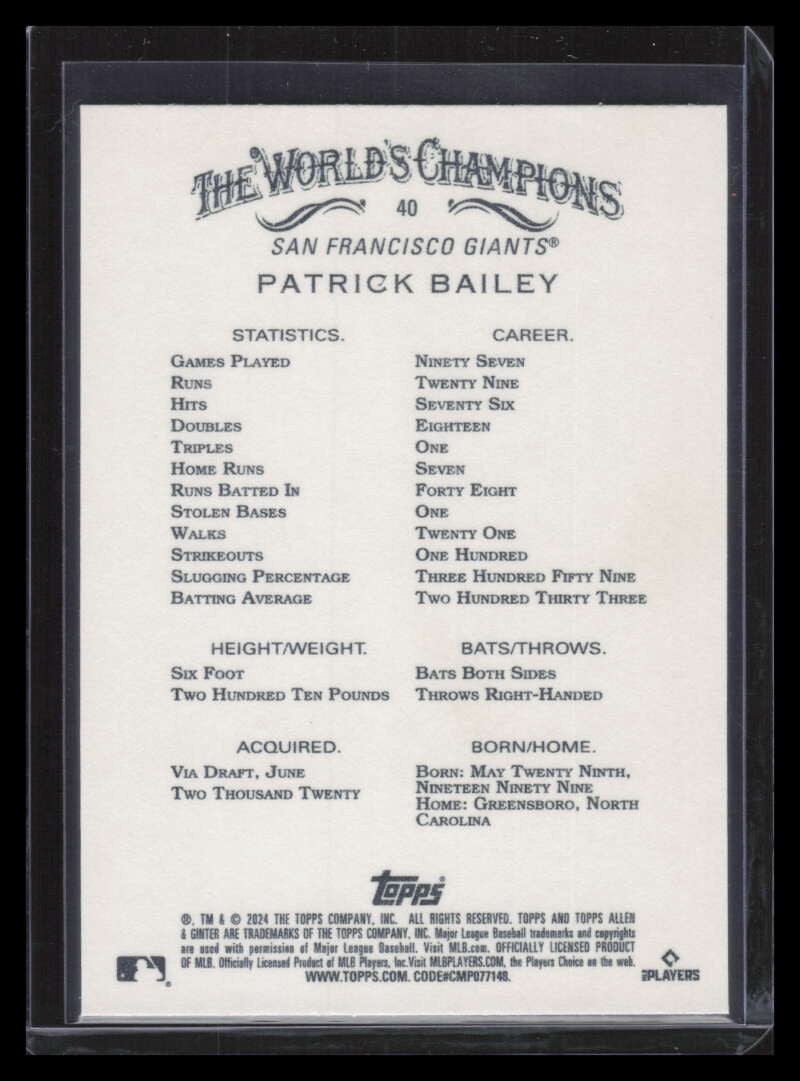 2024 Topps Allen and Ginter Gold Foil Filigree 40 Patrick Bailey 43/50