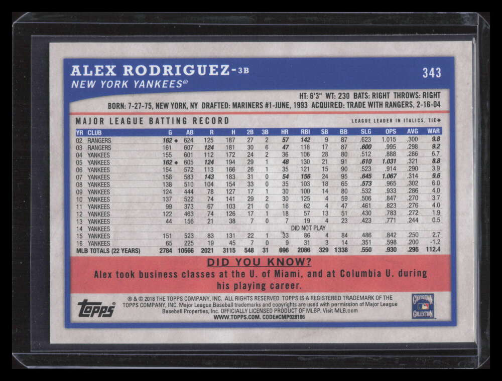 2018 Topps Big League Rainbow Foil 343 Alex Rodriguez 85/100