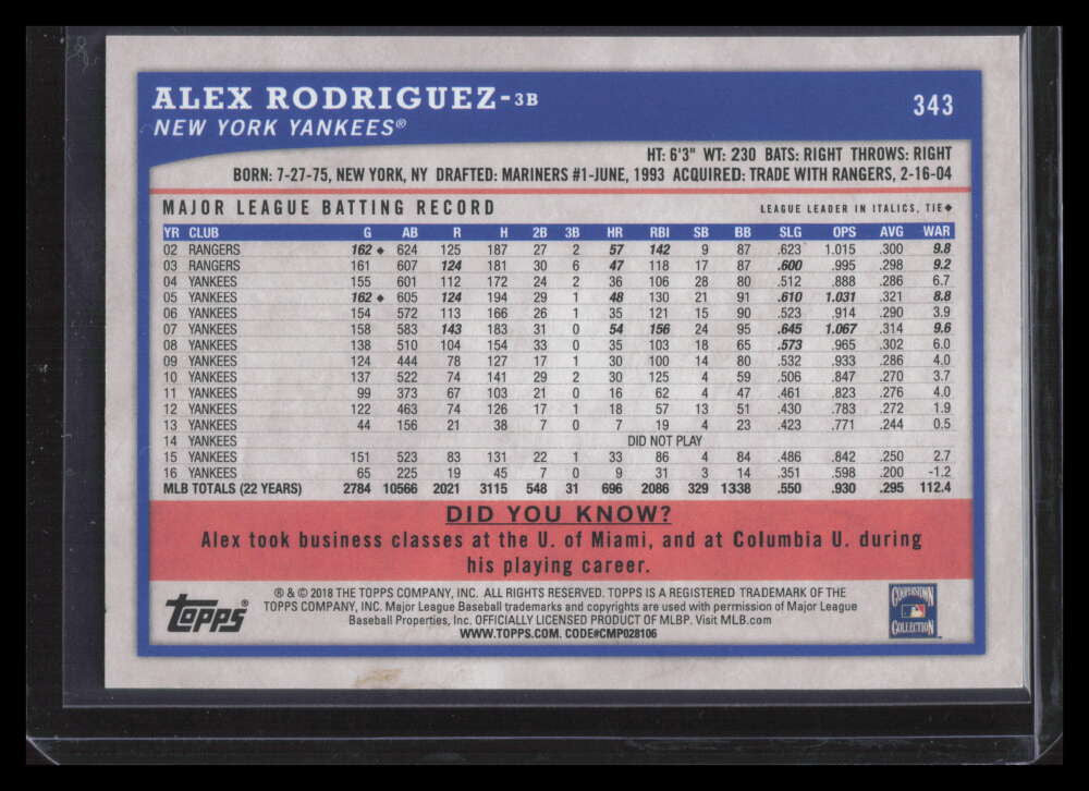 2018 Topps Big League Rainbow Foil 343 Alex Rodriguez 90/100
