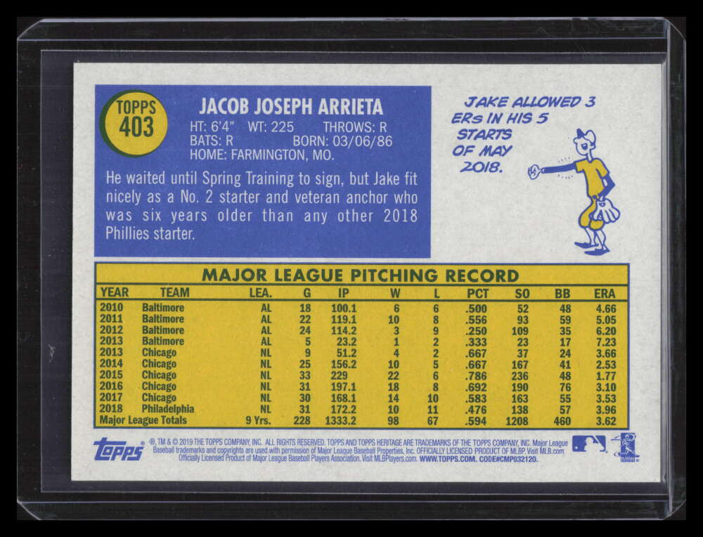 2019 Topps Heritage Silver Metal 403 Jake Arrieta /70