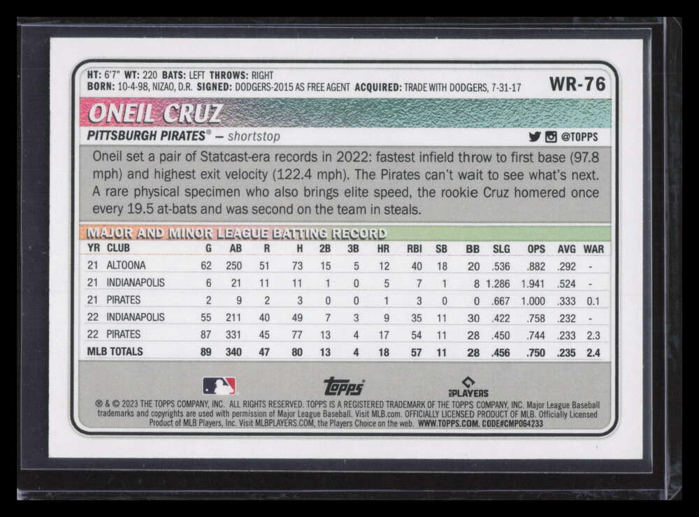 2023 Topps Big League Wrapper Redemption Blue Foil wr76 Oneil Cruz 53/75