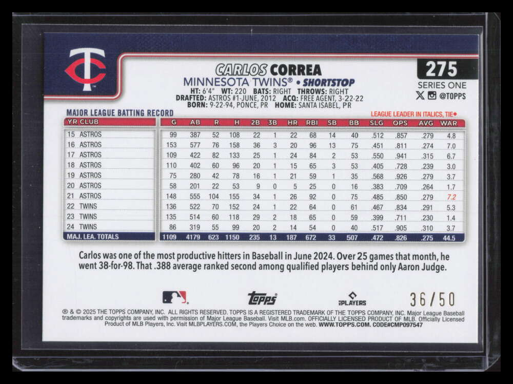 2025 Topps Gold Rainbow Foil 275 Carlos Correa 36/50