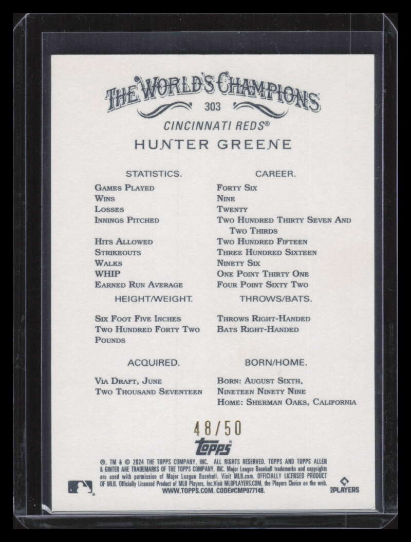 2024 Topps Allen and Ginter Gold Foil Filigree 303 Hunter Greene 48/50