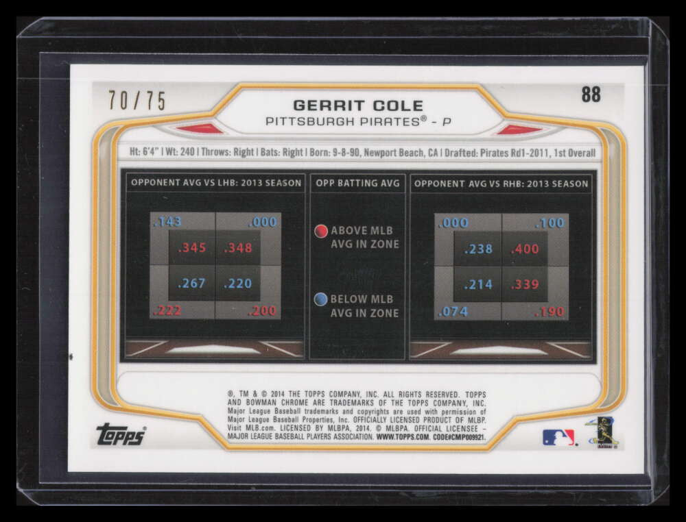 2014 Bowman Chrome Green Refractor 88 Gerrit Cole 70/75