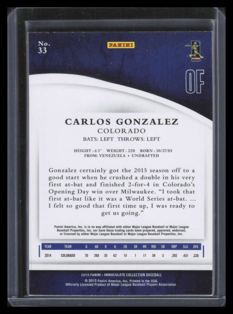 2015 Immaculate Collection Blue 33 Carlos Gonzalez 3/10