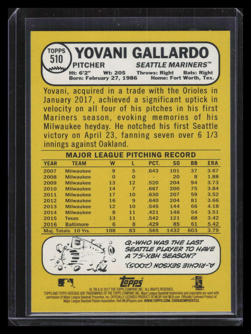 2017 Topps Heritage Reverse Stock 510 Yovani Gallardo Variation SP /10