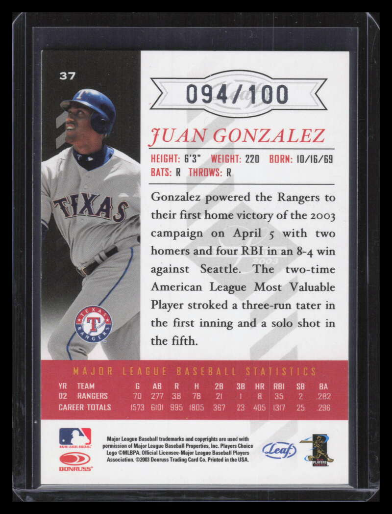 2003 Leaf Limited Silver Spotlight 37 Juan Gonzalez Rangers Standing 94/100