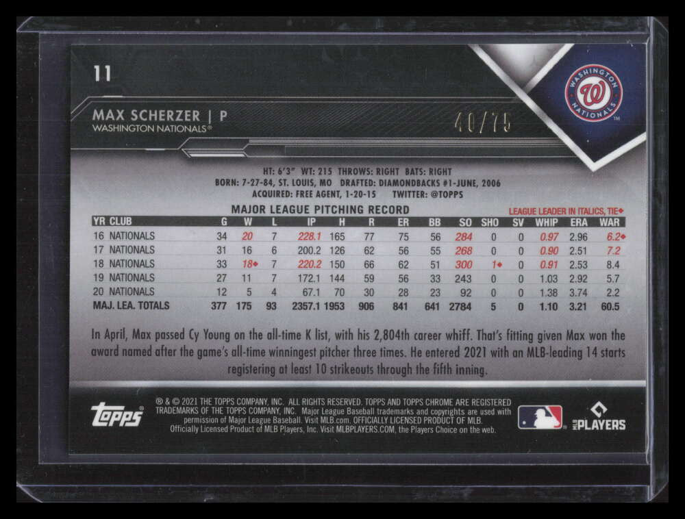 2021 Topps Chrome Black Blue Refractor 11 Max Scherzer 40/75
