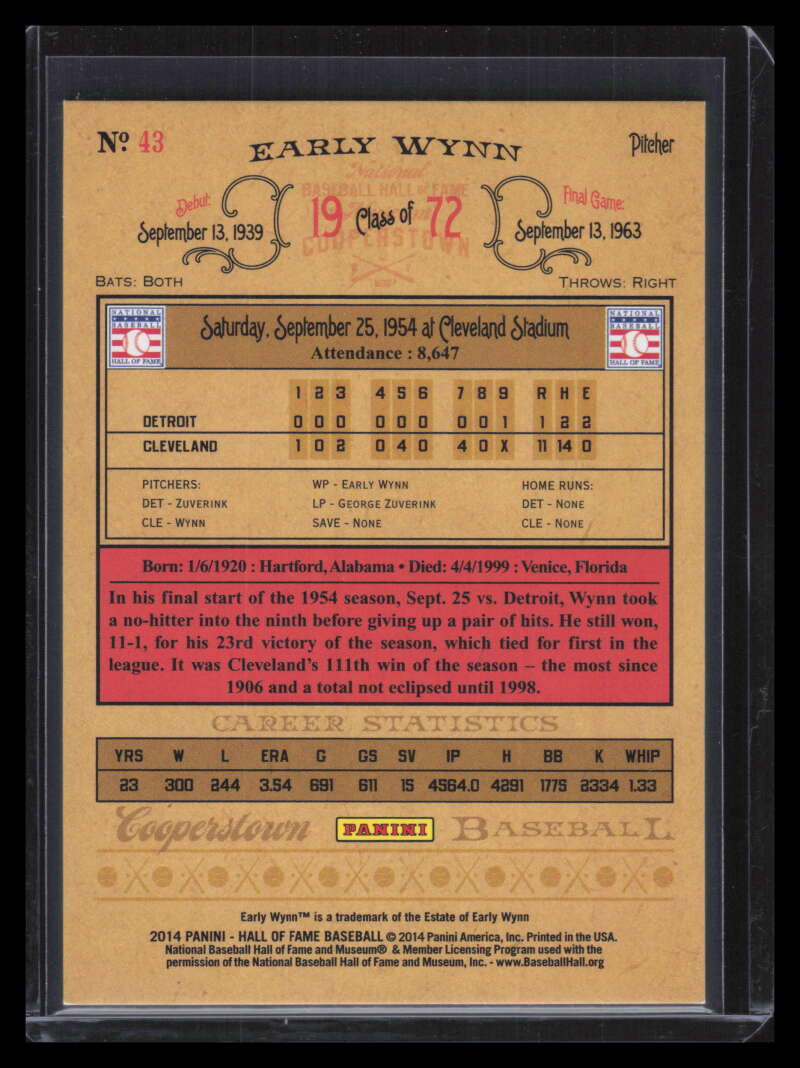 2014 Panini Hall of Fame Blue Frame Green 43 Early Wynn 8/10