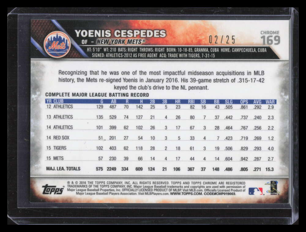 2016 Topps Chrome Orange Refractor 169 Yoenis Cespedes 2/25