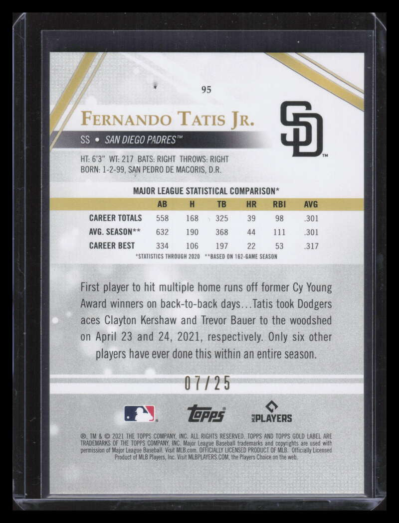2021 Topps Gold Label Class 3 Red 95 Fernando Tatis Jr. 7/25
