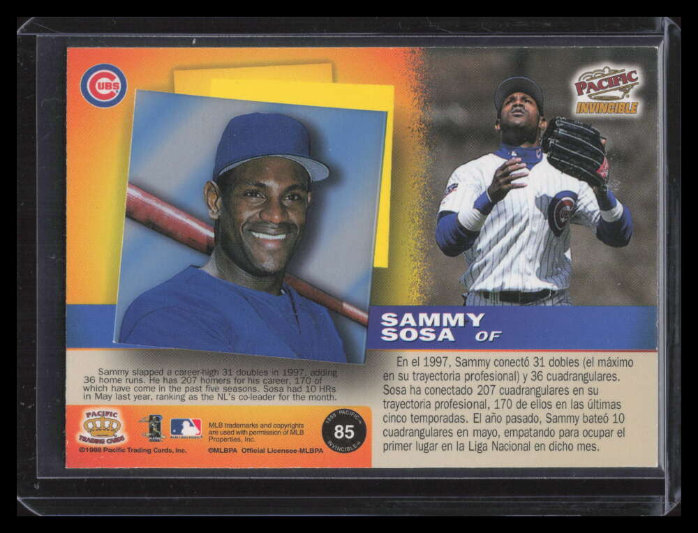 SOLD 162748 1998 Pacific Invincible Platinum Blue 85 Sammy Sosa