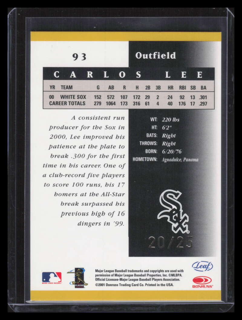 2001 Leaf Certified Materials Mirror Gold 93 Carlos Lee 20/25