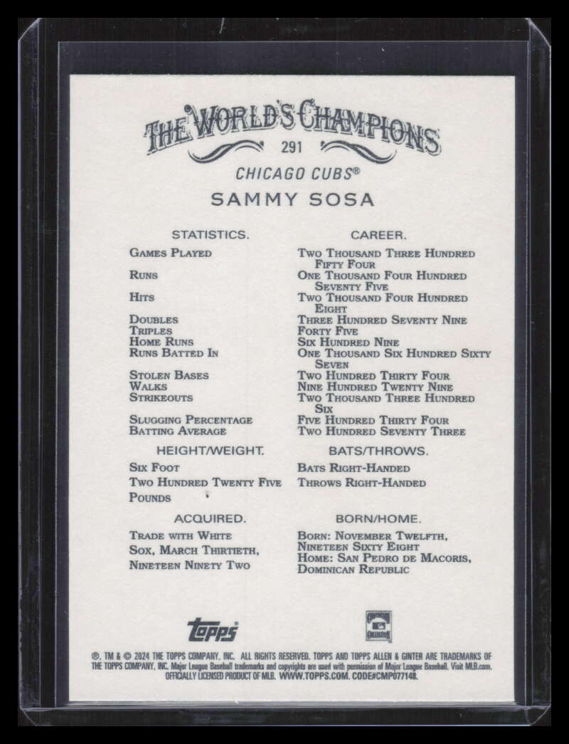 2024 Topps Allen and Ginter Gold Foil Filigree 291 Sammy Sosa 20/50