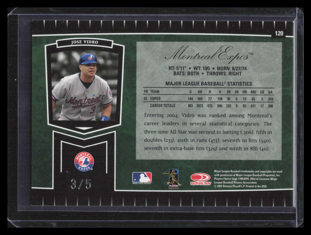 2004 Leaf Certified Cuts Marble Emerald 120 Jose Vidro 3/5