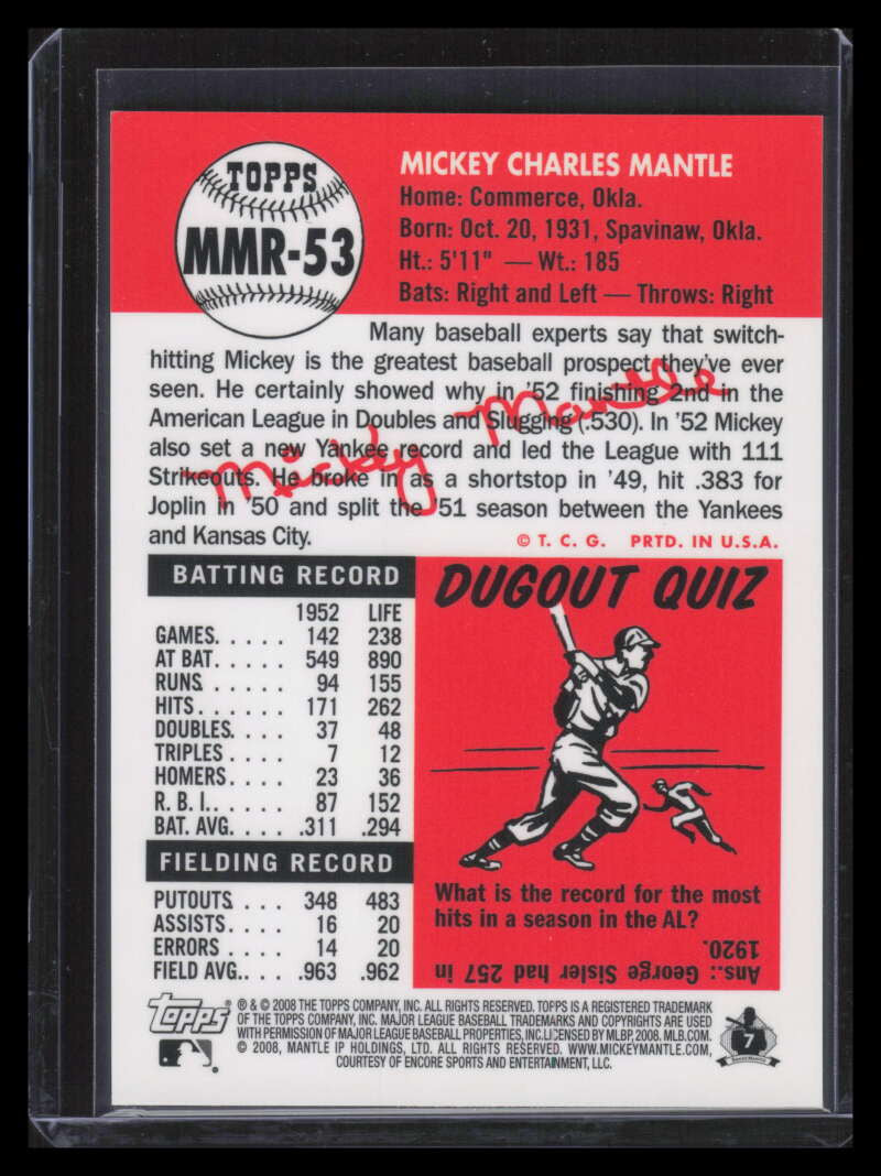 2008 Topps Factory Set Mickey Mantle Blue Refractor mmr53 Mickey Mantle 53t 1953