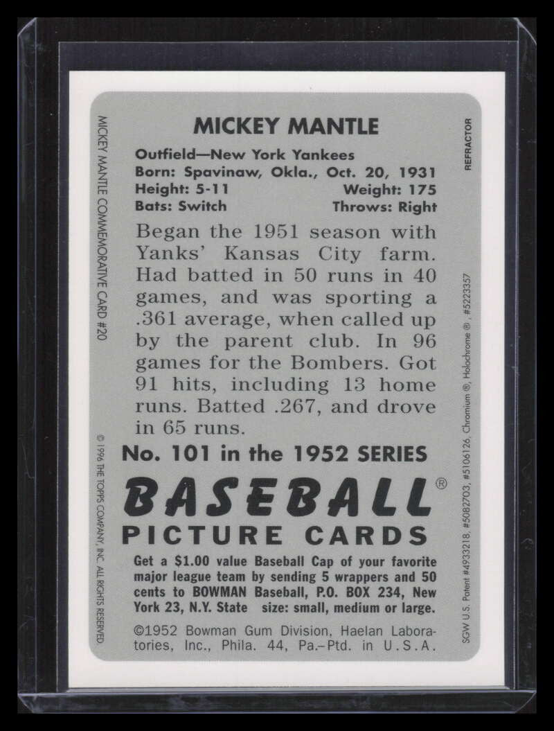 SOLD 162821 1996 Bowman's Best NNO 1952 Mickey Mantle 1952 Bowman Refractor