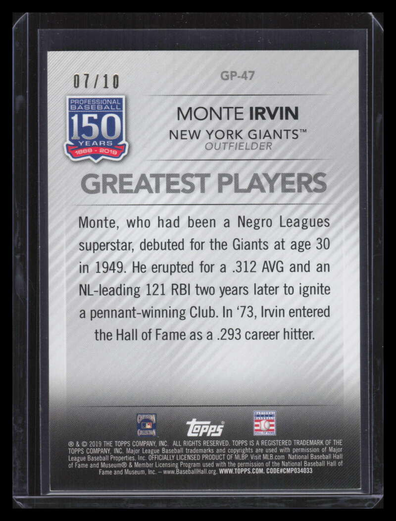 2019 Topps 150 Years of Professional Greatest Players Red gp47 Monte Irvin 7/10