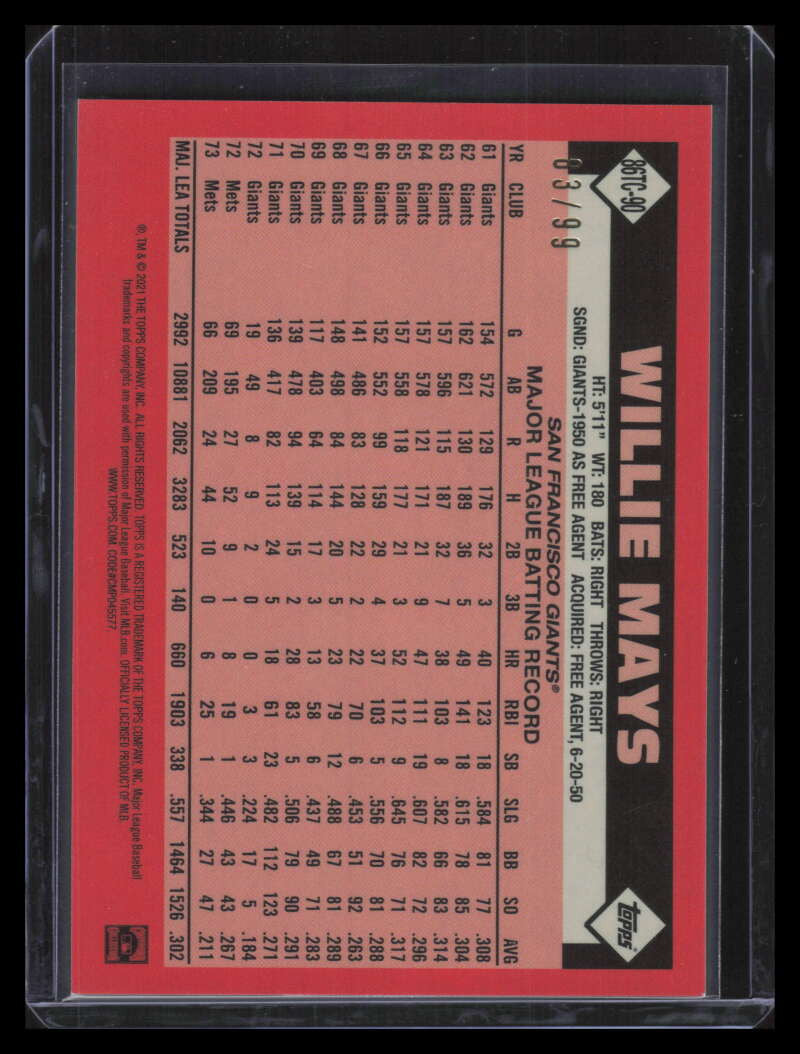 2021 Topps '86 Silver Pack Chrome Series 2 Green Refractor Willie Mays 83/99