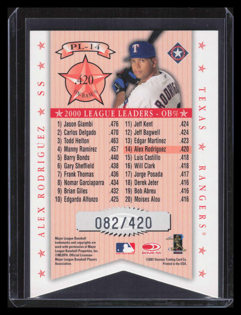 2001 Donruss Production Line Die Cuts pl14 Alex Rodriguez OBP 82/100