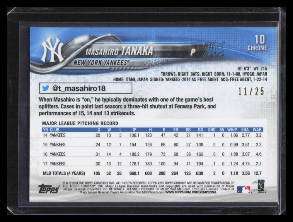 2018 Topps Chrome Orange Refractor 10 Masahiro Tanaka 11/25