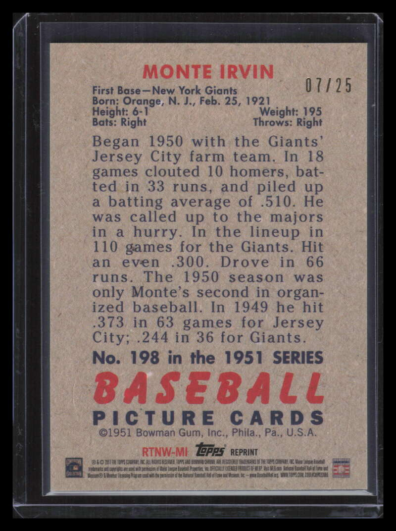 2017 Bowman Chrome Refractors That Never Were Orange RTNWMI Monte Irvin 7/25